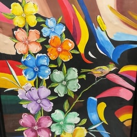 Tapiz Floral by Javier Antonio Becerra Fadul ( Colombia) Oil on Canvas: Description: Vibrant painting featuring a bird perched on a flowering branch against a dark background. Signed by the artist Javier Becerra and dated 2005 on verso. Framed. Medium: Oil