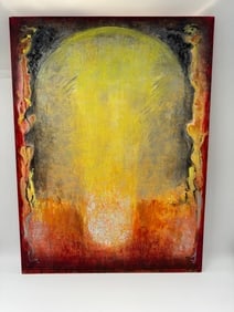 Abstract Oil Painting with Yellow Orb on Canvas: Description: Abstract painting featuring a prominent yellow orb transitioning into orange and white hues, set against a dark red and black background. The artwork i