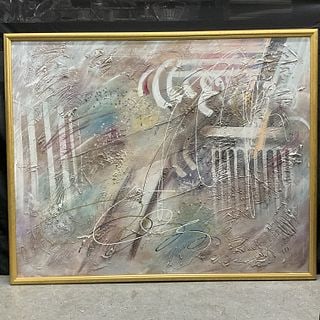 Signed Abstract Expressionist Painting, Jeri, Framed: Abstract expressionist painting signed "Jeri". The work features heavy impasto and a muted color palette. Presented in a gold-tone frame. Dimensions: 51 x 62 inches.