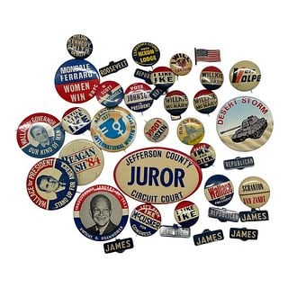 Collection of Political Campaign Buttons and Pins: Group of assorted political campaign buttons, pins, and related election memorabilia featuring candidates, slogans, causes, and civic organizations likely dating from the 1950's to 1970's.