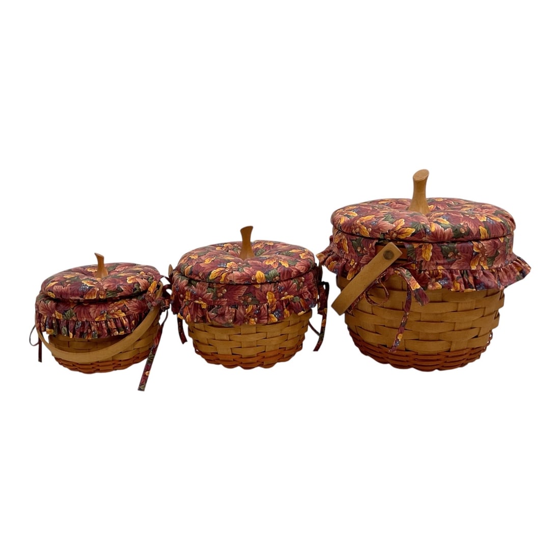 Set of 3 Longaberger Pumpkin-Shaped Baskets with Floral Liners & Lids (1 of 3)