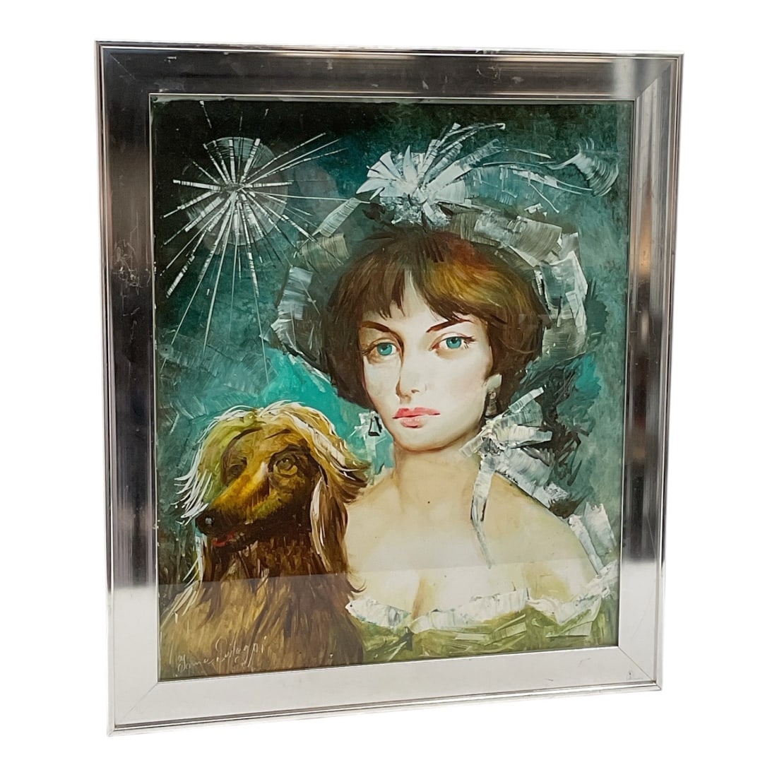 Signed Portrait of Young Woman with Dog: Framed painting depicting a young woman wearing a bonnet accompanied by a long-haired dog. Executed in a romantic, painterly style with expressive blue eyes and rich brushwork, the composition