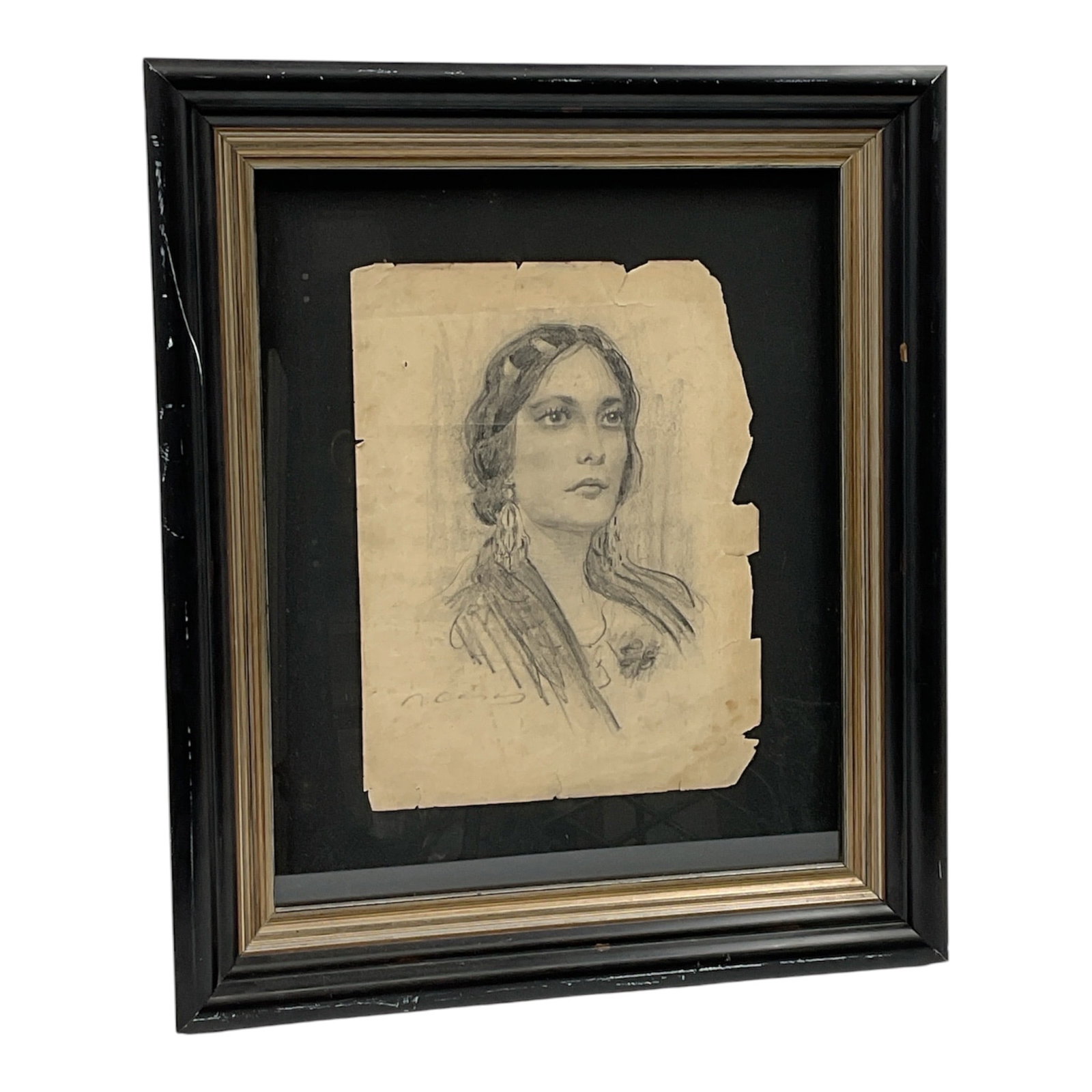 Portrait of a Woman by Ramon Casas (Spain, 1866-1932) Charcoal and Pencil on Paper: This original work features a finely executed bust-length portrait of a woman rendered in charcoal and graphite pencil. The subject is depicted in a three-quarter view, looking slightly upward and to 