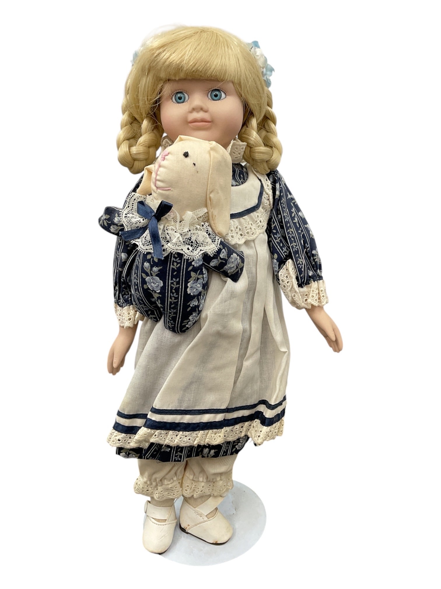 Porcelain Girl Doll with Braided Hair, Lace Dress & Stuffed Bunny (1 of 2)