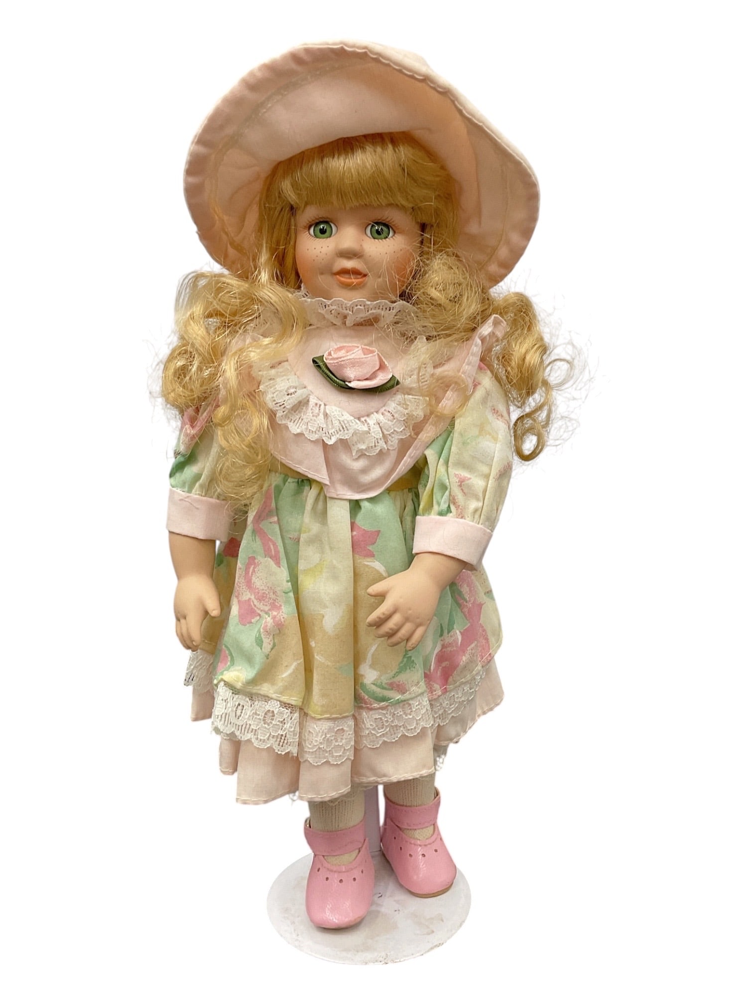 Porcelain Girl Doll in Pastel Dress with Pink Bonnet (1 of 2)