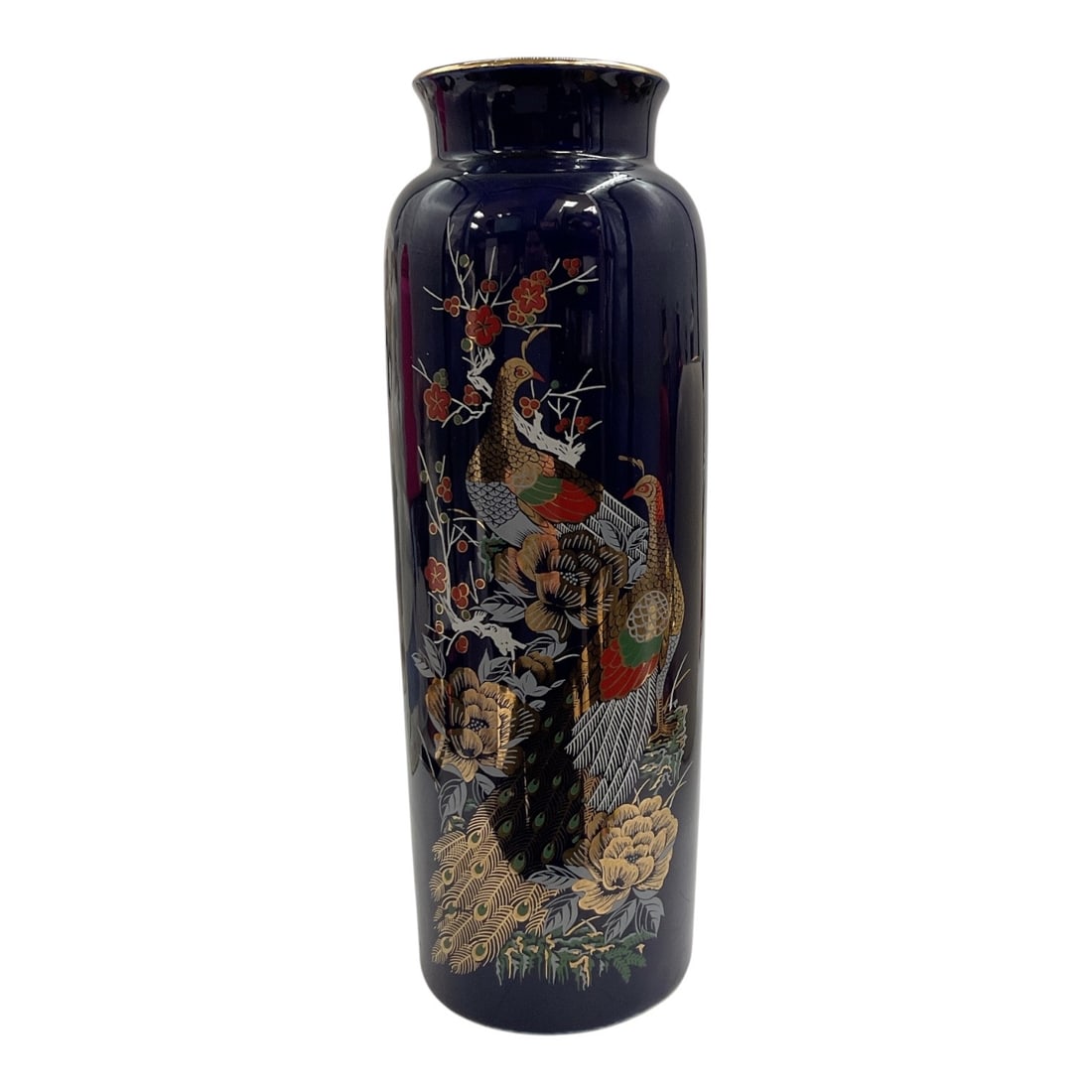 Japanese-Style Cobalt Blue Porcelain Vase with Figural Decoration: Decorative Japanese-style porcelain vase featuring a deep cobalt blue glazed ground with colorful figural and floral decoration. The tall cylindrical form has rounded shoulders and a slightly flared r