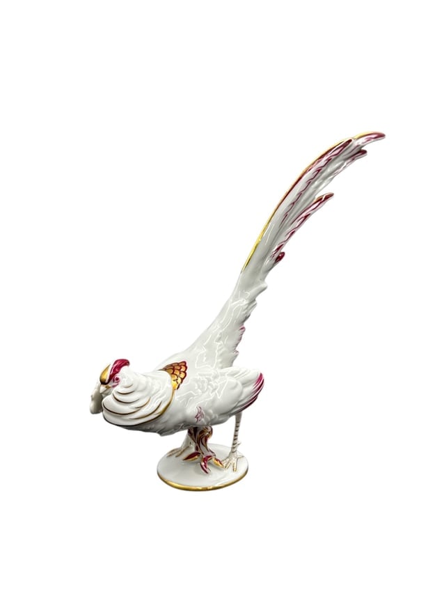 Augarten Mathilde Jaksch Porcelain Pheasant Figurine, Austria: Decorative porcelain figurine depicting a pheasant with elongated tail feathers and finely modeled details. The bird is hand painted with soft natural tones and subtle accent colors, capturing the ele