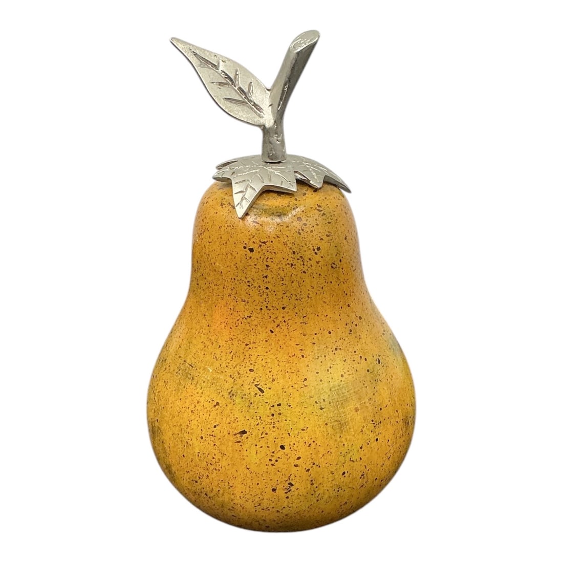 Decorative Pear Ornament: Decorative pear ornament featuring a textured golden-yellow finish with a cast silver-tone stem and leaf accent. Designed as a freestanding decorative object, this contemporary fruit-form accent