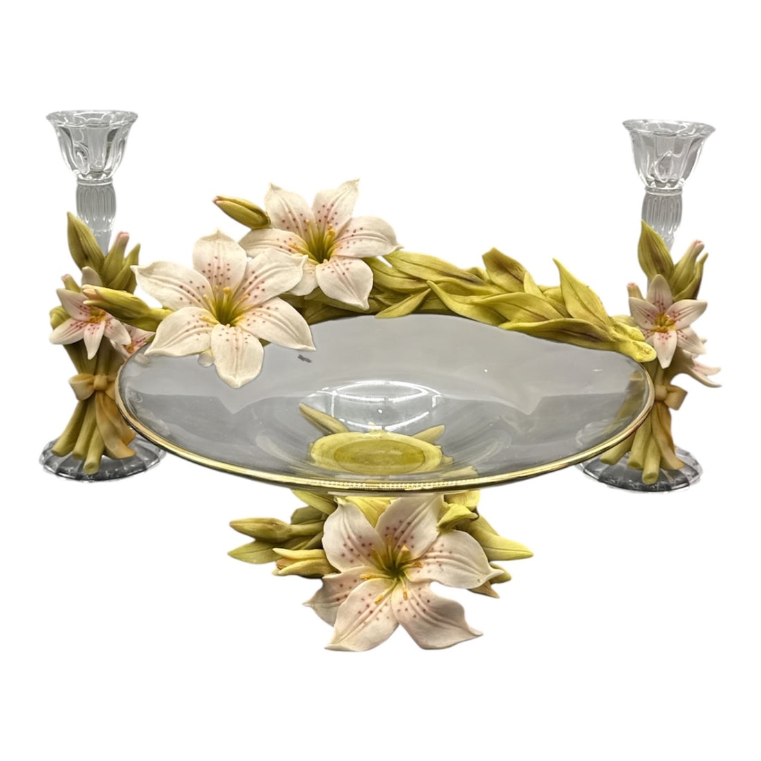 Evik Italian Glass Centerpiece Bowl with Floral Decoration and Matching Candlesticks: Elegant three piece glass and floral decorative set including a large Evik marked centerpiece bowl and two matching candlesticks. The bowl features a wide clear glass dish with gilt rim, adorned with 