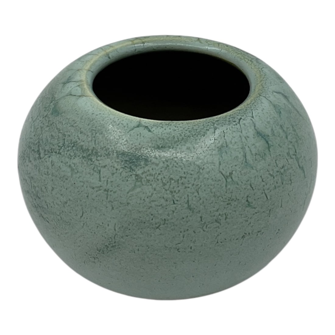Contemporary Round Ceramic Vase: Contemporary round ceramic vase featuring a spherical form with a wide circular opening and a matte celadon-green crackle glaze. The minimalist silhouette and softly textured finish create a clean, mo