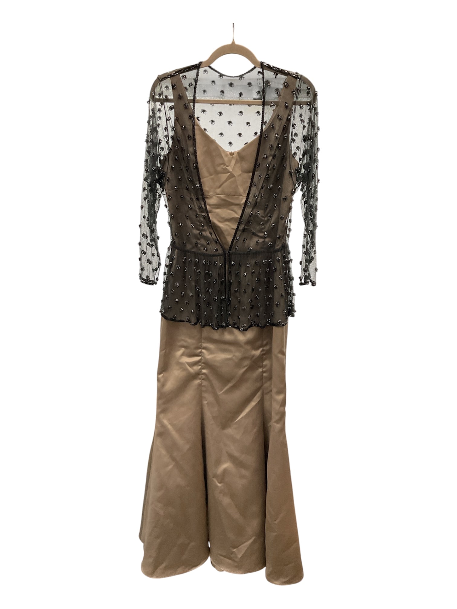 A.B.S. Evening Collection Beaded Mesh Overlay Gown, Size 10: Elegant A.B.S. Evening Collection formal gown featuring a champagne satin mermaid-style dress paired with a dramatic black sheer mesh overlay. The overlay is embellished throughout with hand-applied