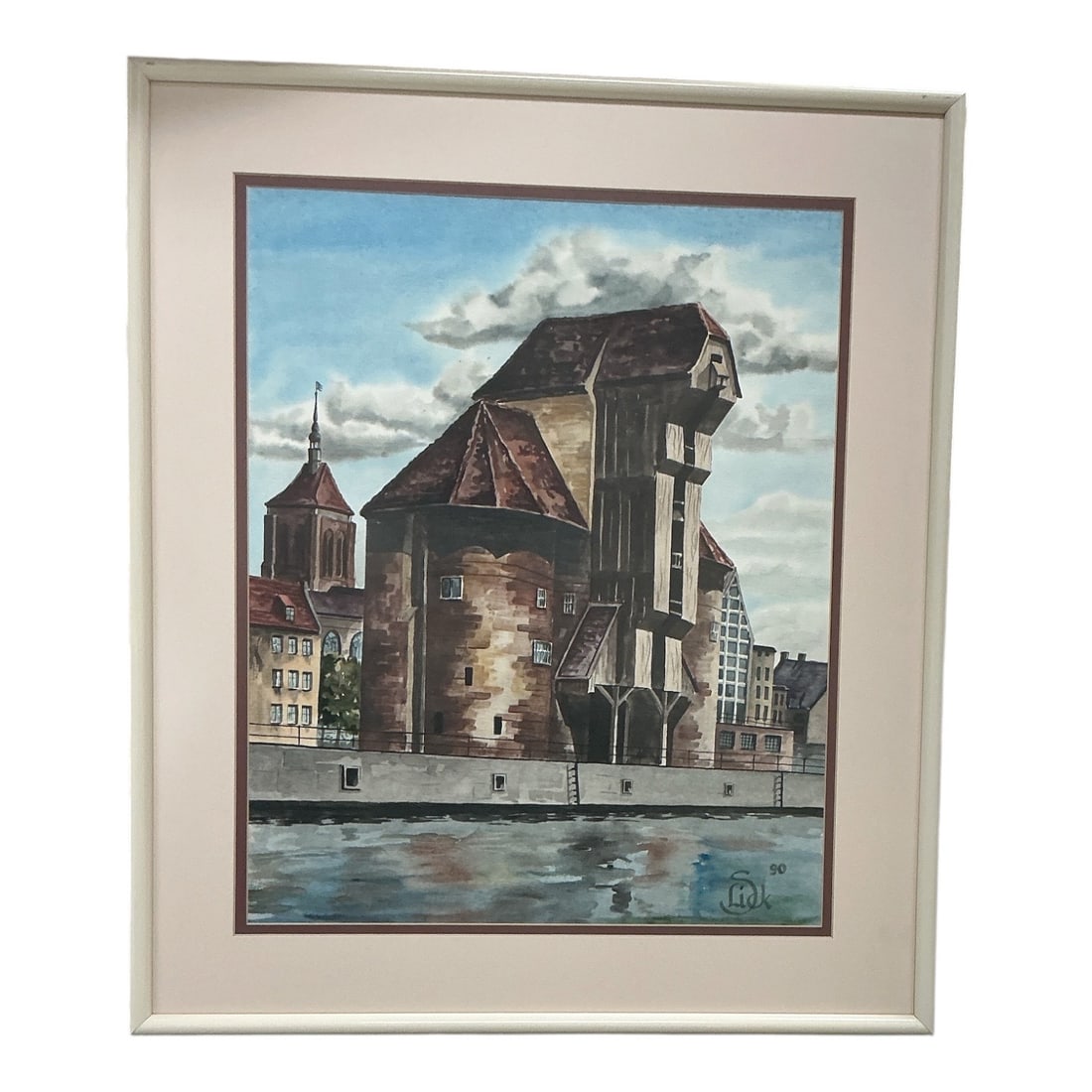The Gdansk Crane by Lick (Continental, 20th Century) Watercolor and Gouache on Paper: This atmospheric architectural study depicts the iconic historic port crane and gate, known as ?uraw, located along the Mot?awa River in Gda?sk, Poland. Executed in a realistic