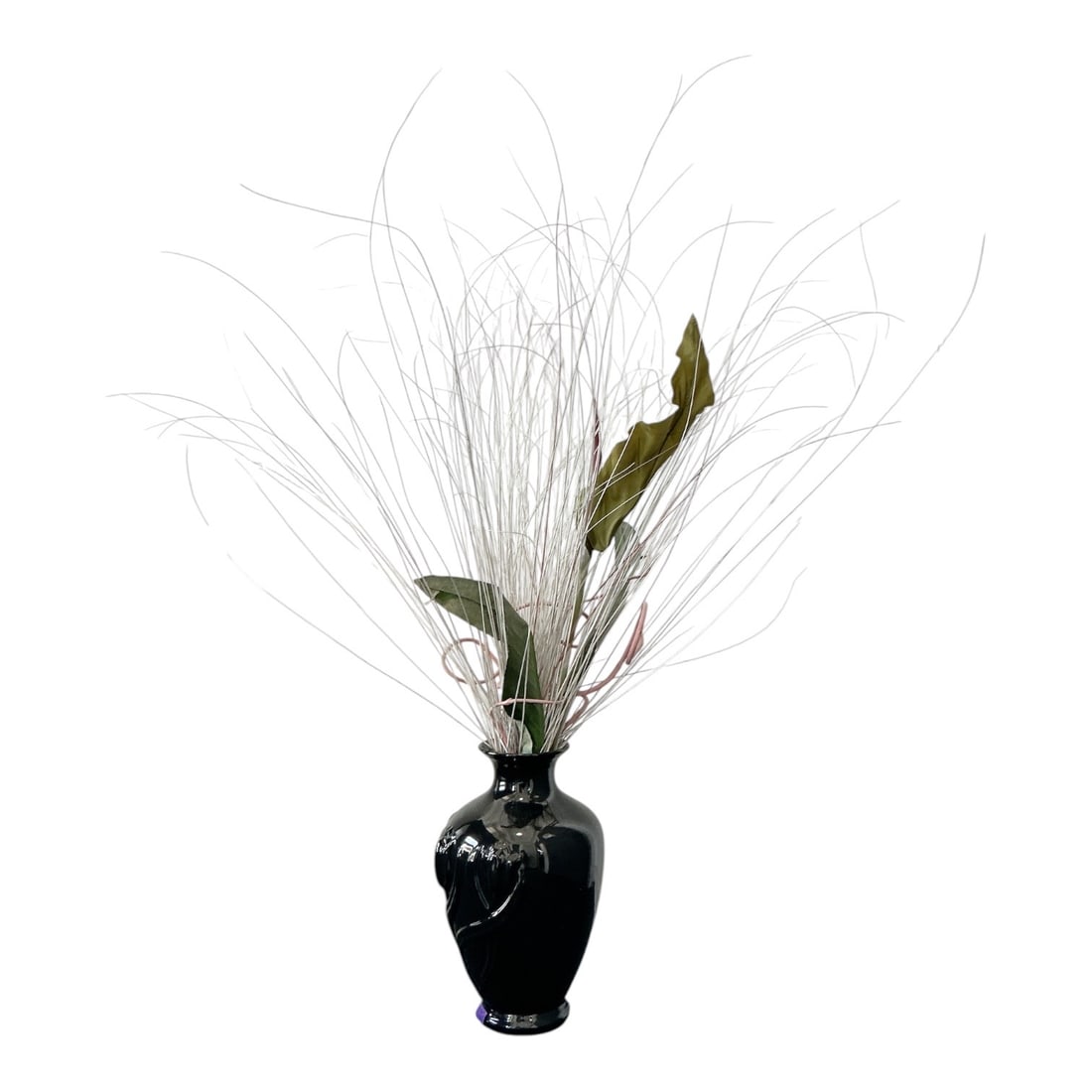 Large Black Art Ceramic Floor Vase with Decorative Dried Arrangement: Large contemporary black art ceramic floor vase featuring an elegant high-gloss finish and molded organic swirl decoration. The vase is displayed with an arrangement of