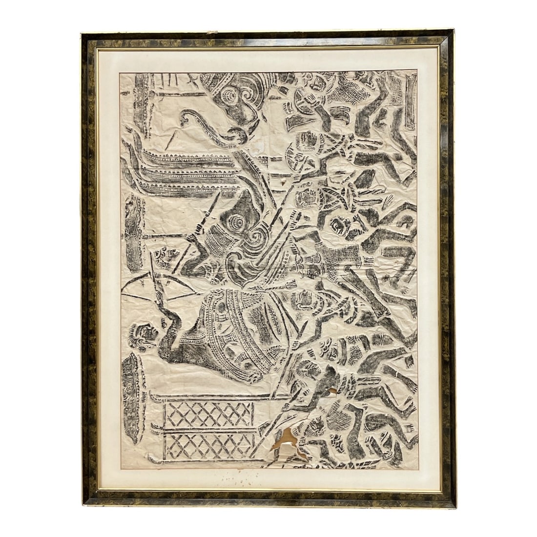 Framed Cambodian Temple Rubbing on Paper: A large vintage charcoal temple rubbing on rice paper depicting an active battle scene inspired by the bas-reliefs of Angkor Wat. The composition features dynamic figures, archers drawing bows, war