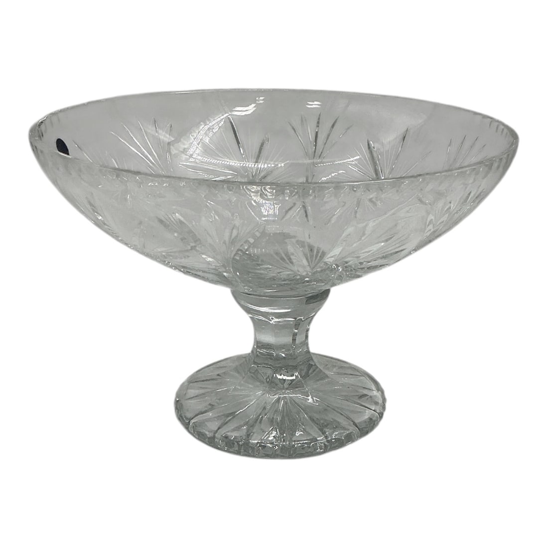 Cut Crystal Compote by Classic Crystal: Clear cut crystal footed compote bowl featuring traditional geometric starburst and fan cut patterns, a fluted rim, and a matching starburst cut base on a short pedestal.