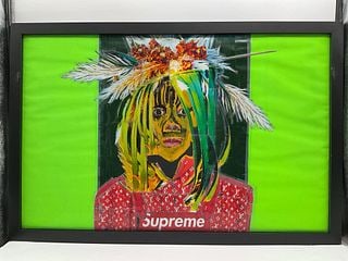 Supreme Ascension by Carlos Felix (Mexico, B. 1981): Electrifying mixed media collage featuring a masked figure in vivid yellow and green tones, adorned with feathers and floral accents. The subject wears a red Supreme x Louis Vuitton garment against a 
