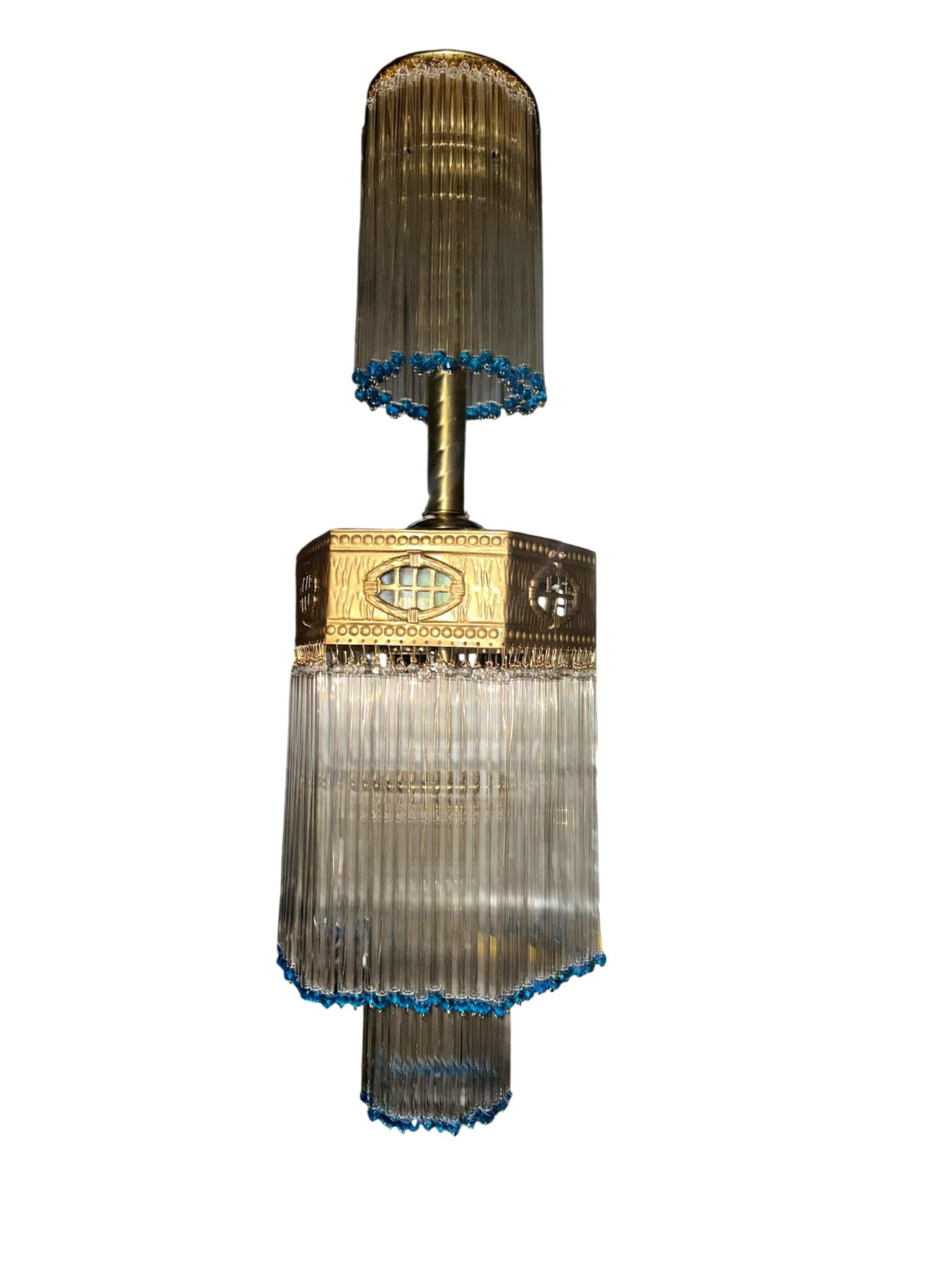 Mid-Century Art Deco Rod Glass Blue Bead Fringe Hanging Brass Chandelier: Specifications Type: Pendant Chande