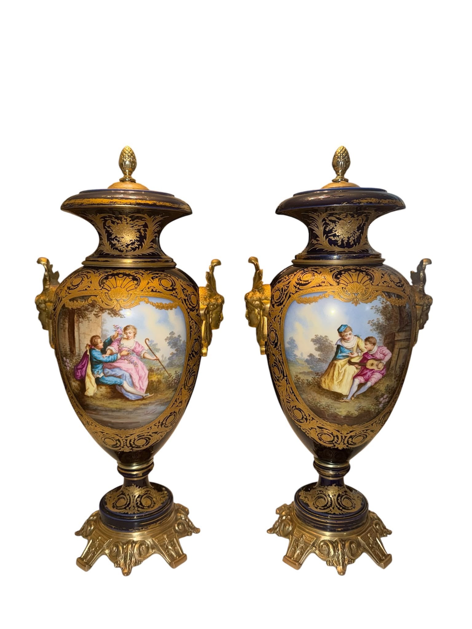 Pair of 19th Century French Sèvres Hand-Painted Cobalt Blue Porcelain Vases