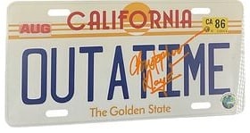 "OUTATIME" California License Plate Replica, Signed: Replica California "OUTATIME" license plate modeled after the iconic time machine plate from the Back to the Future film series. Each plate features the classic