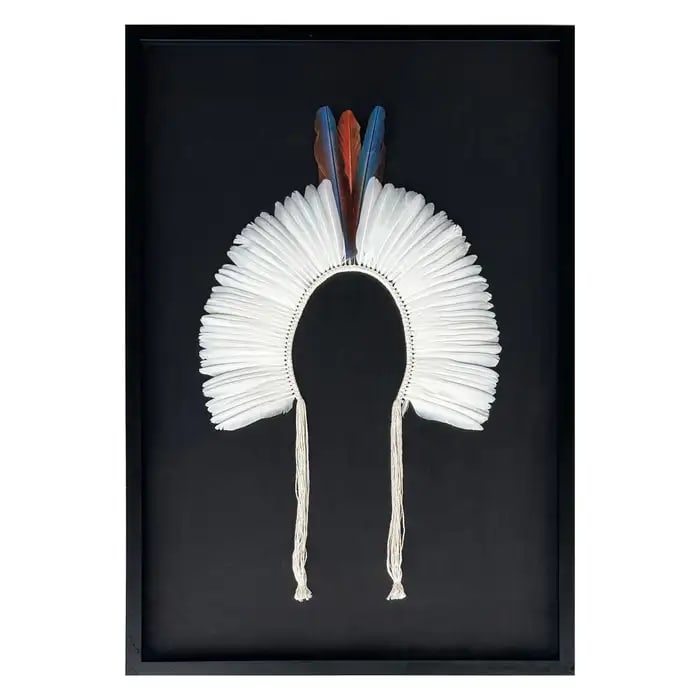 Brazilian Kayapo Tribe Indigenous Feather Headdress "Cocar" from the Amazon: Offered for sale as an original Brazilian ritualistic feather Indigenous headdress, known in Portugese as "cocar" from the Kayapó tribe in Northern Brazil and the Amazon. These are cr