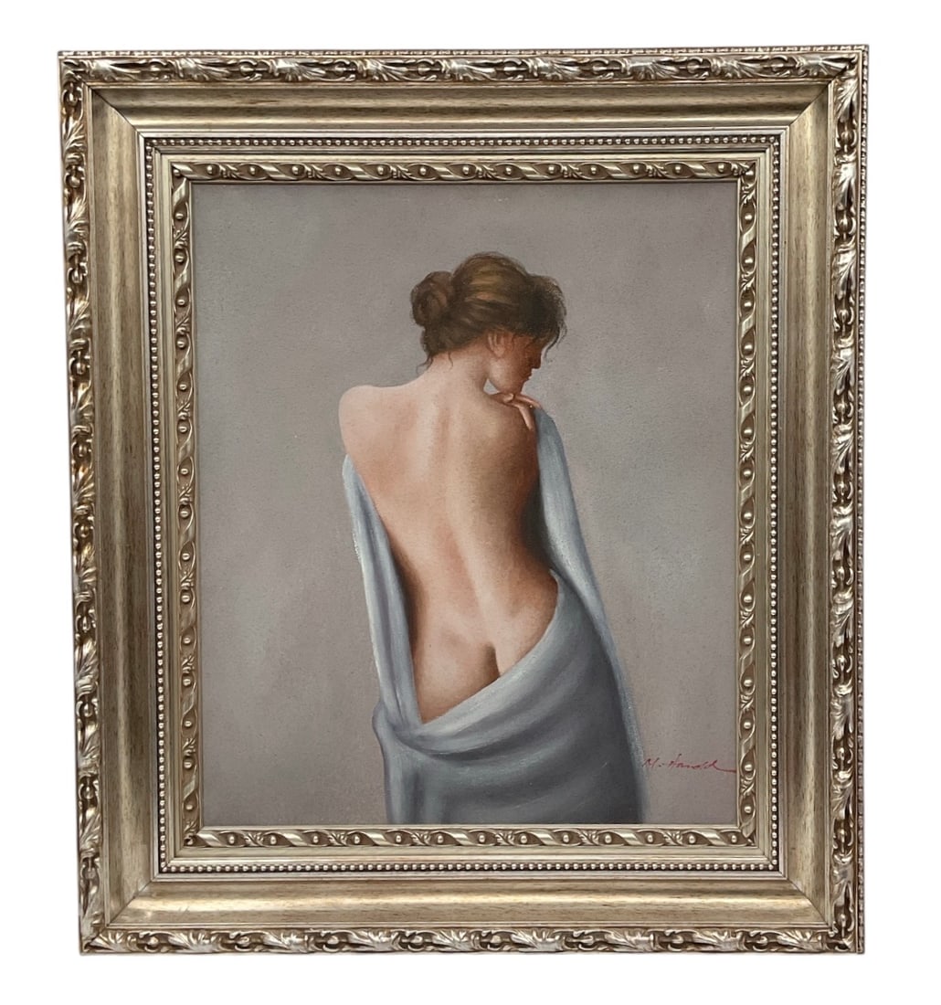 Female Back Nude by M. Harold Oil on Canvas: Description Original oil painting on canvas depicting a full rear view of a seated female nude figure, draped in a light grey fabric against a neutral background.