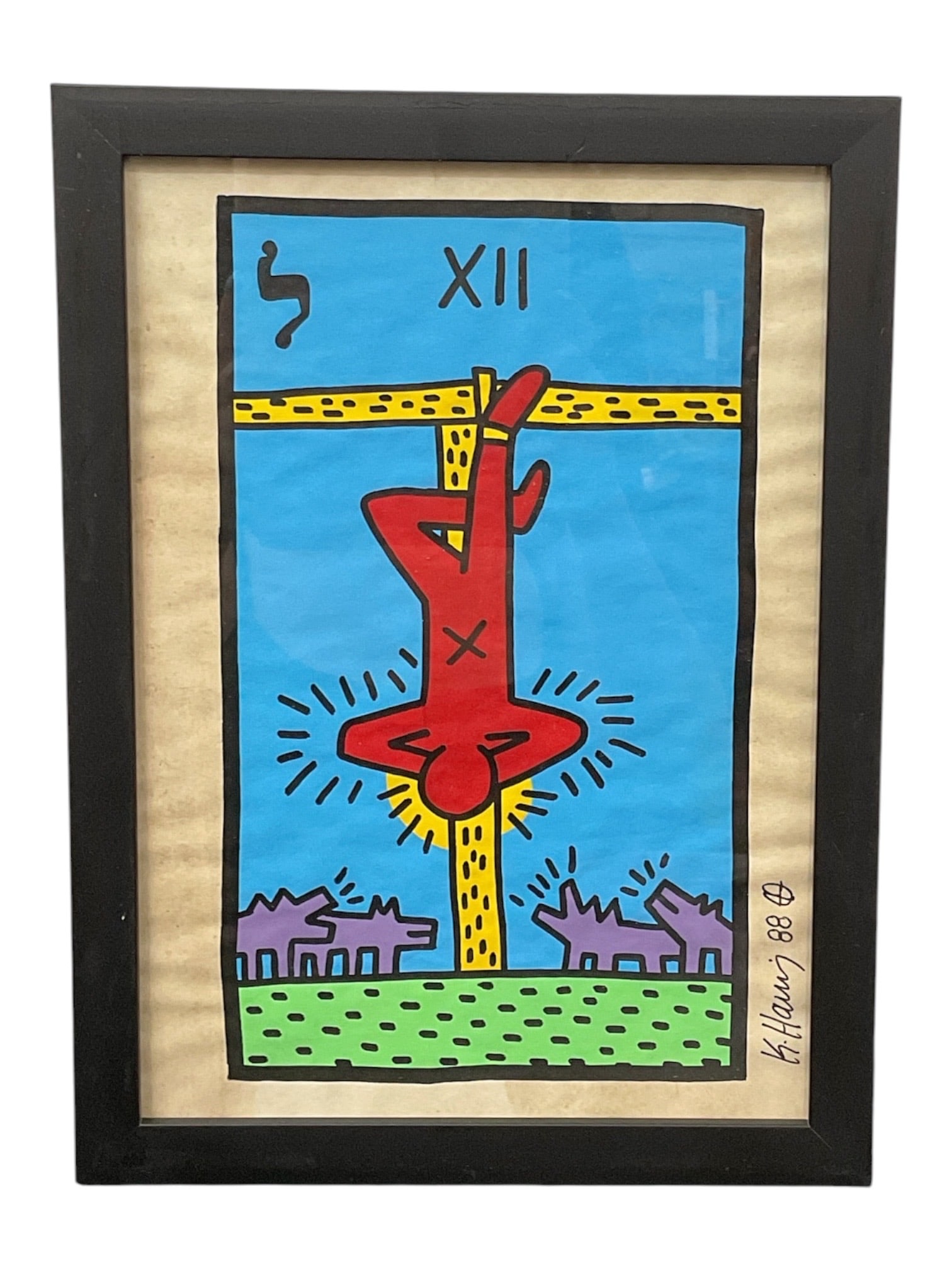 Tarot Card XII (The Hanged Man), Manner of Keith Haring (American, 1958-1990) Mixed Media on Paper (1 of 2)