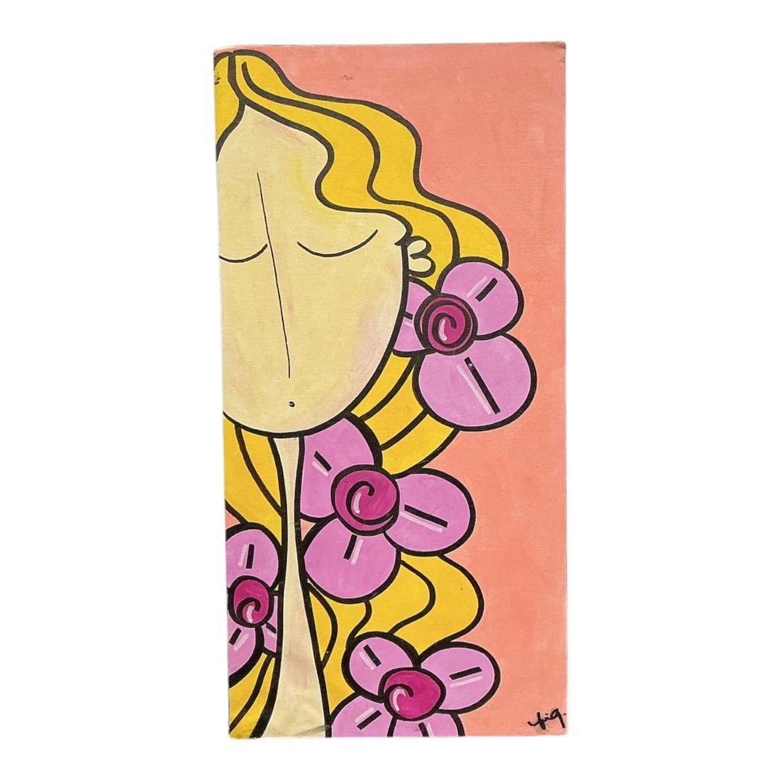 Stylized Female Portrait with Flowers by Nicole Figuroloa (American, B. 20th Century) Acrylic on: Description Original pop art painting on canvas panel by Cuban American Miami artist Nicole Figuroloa. The stylized composition features a vertical portrait of a f