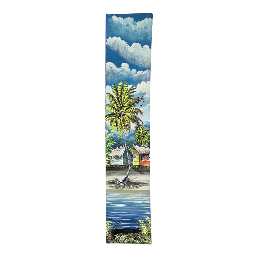 Tropical Coastal Village Landscape by Stanley (Haitian, B. 20th Century) Oil on Canvas: Description Original Haitian folk art painting on canvas by artist Stanley. The narrow vertical composition features a vibrant tropical coastal scene with a tall p