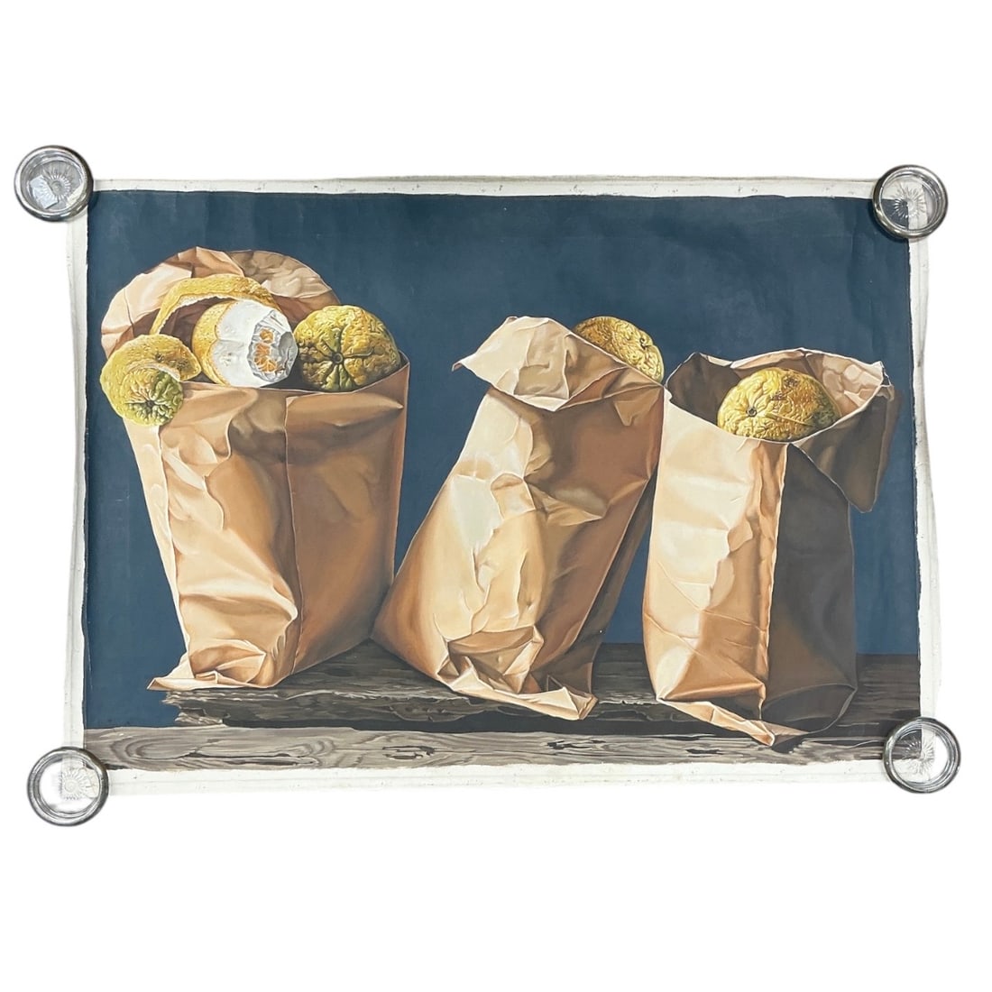 "Citrus Still Life" by Monterro (Cuban, Active 20th/21st Century) Oil on Canvas: Description Original photorealist oil painting on canvas by Cuban artist Monterro depicting a still life of three brown paper grocery bags filled with fresh citrus