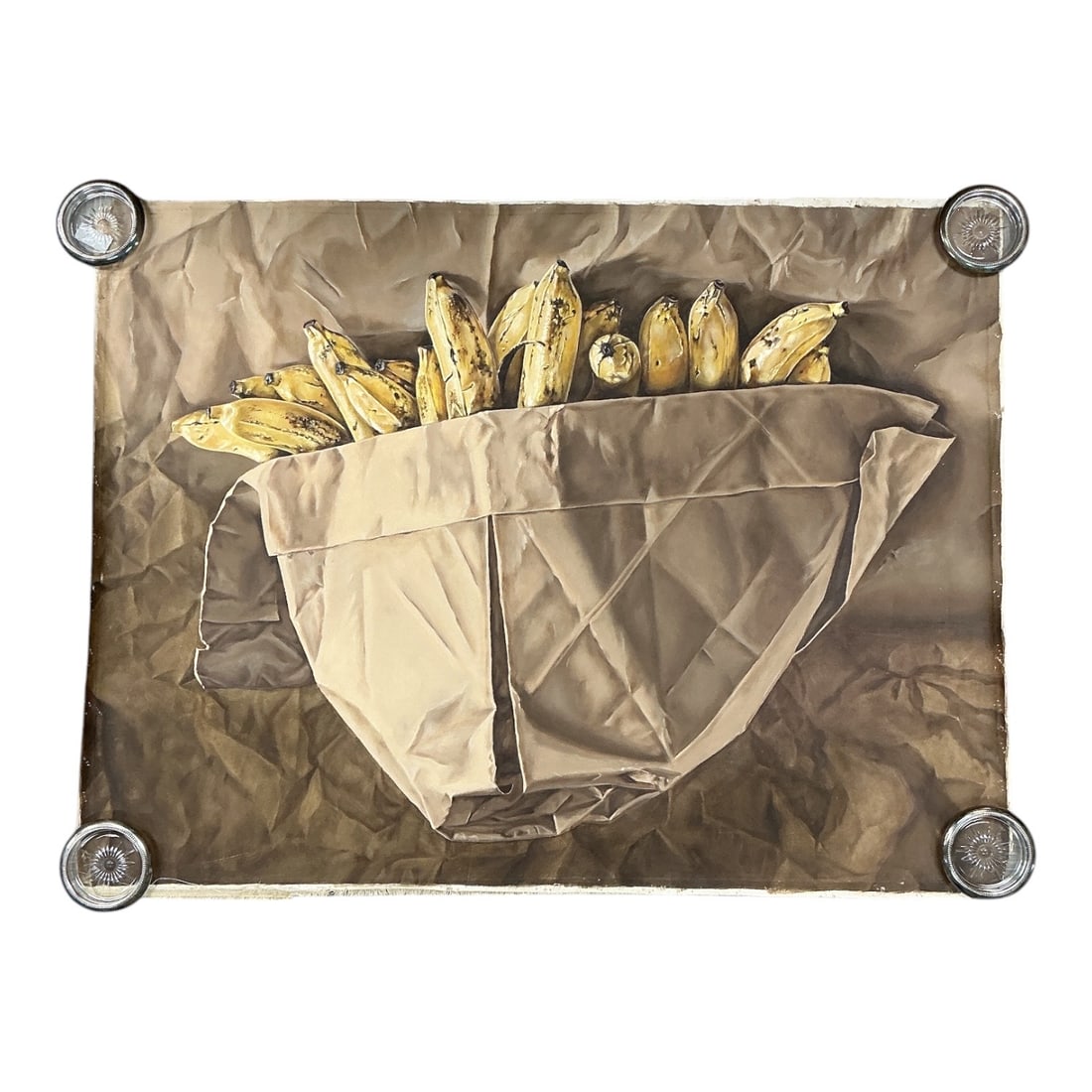 Plantanos by Monterro (Cuban, Active 20th/21st Century) Oil on Canvas: Description Original photorealist oil painting on canvas by Cuban artist Monterro depicting a still life of ripe plantains cascading from a crumpled brown paper ba