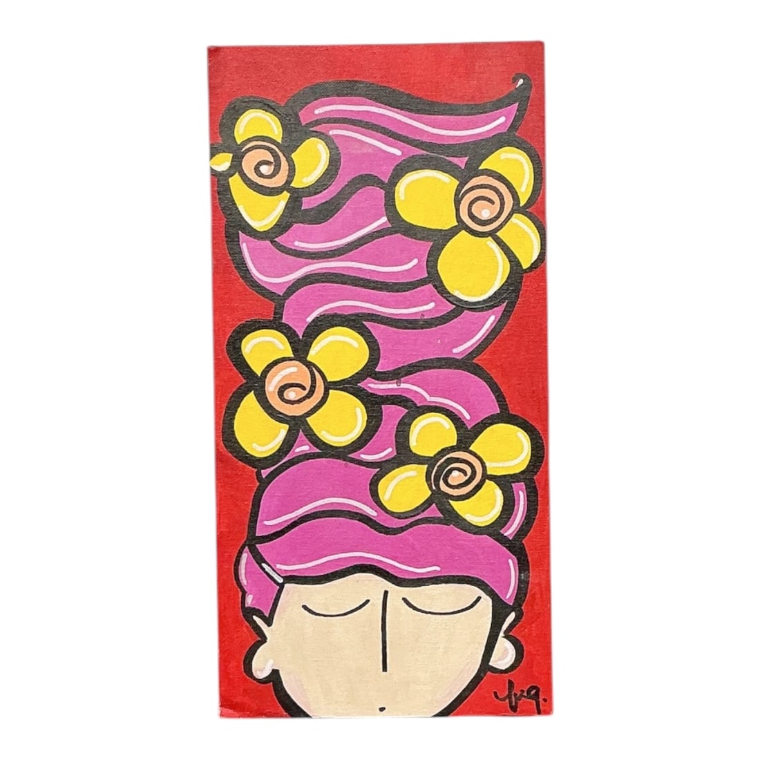 Stylized Figure with Yellow Flowers in Hair by Nicole Figuroloa (Cuban, B. 20th Century) Acrylic on: Description Original pop art acrylic painting on canvas by Cuban artist Nicole Figuroloa. The stylized vertical composition depicts a figure with closed eyes and t