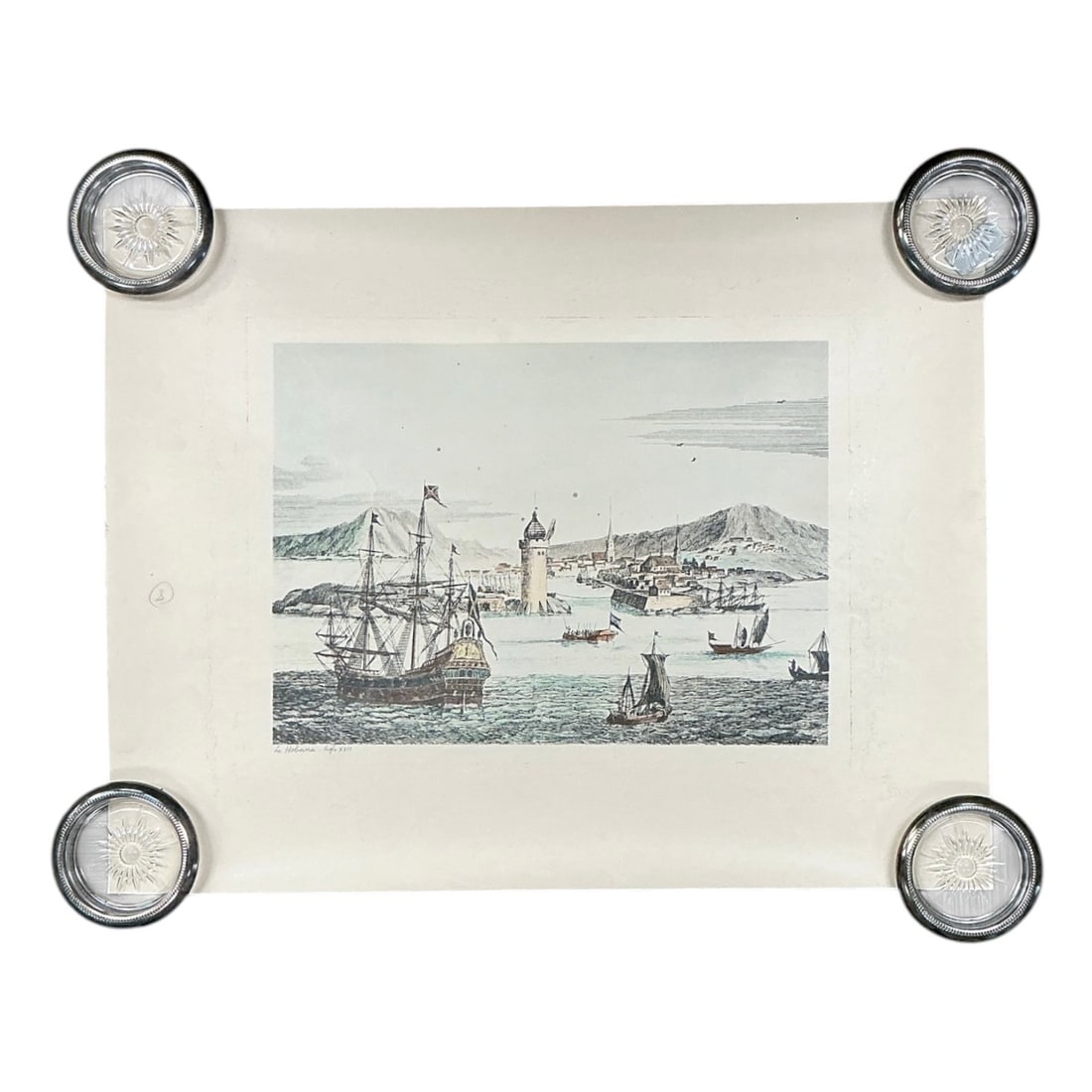 La Habana, siglo XVII Hand Colored Etching: Description Antique hand-colored etching depicting 17th-century Havana Harbor (La Habana, siglo XVII) with S