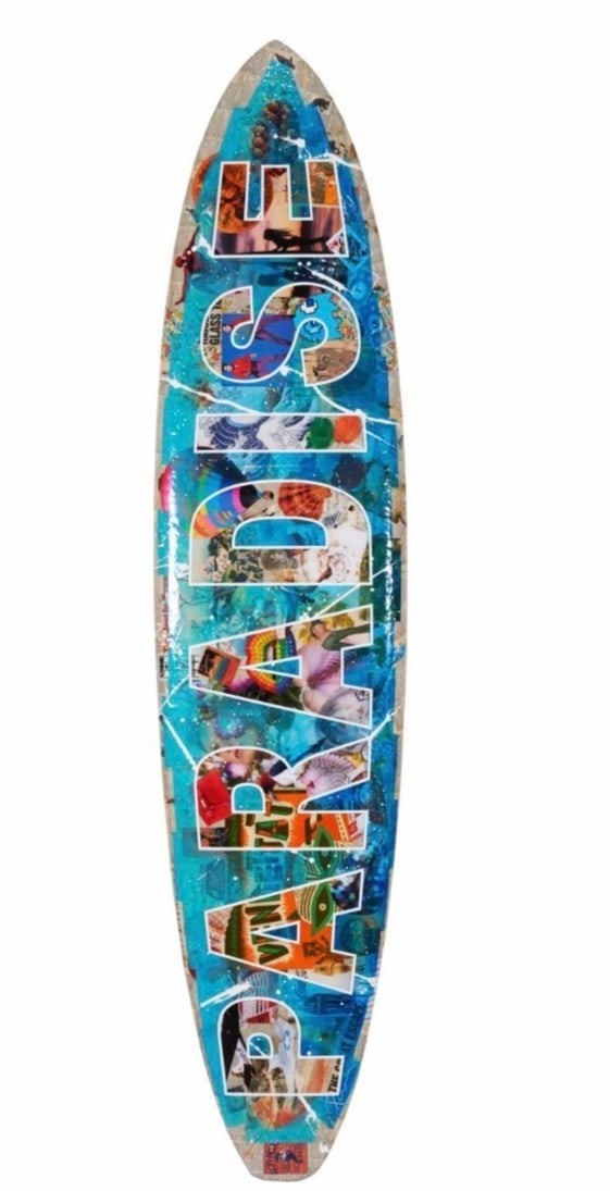 C'est La Vie / Paradise by Peter Tunney (American, B.1961) Mixed Media on Surfboard: A vibrant mixed media work on surfboard featuring extensive collage elements, hand-pulled silkscreen, and acrylic paint. The surfboard is layered with dense pop imagery, vintage illustrations, comics,