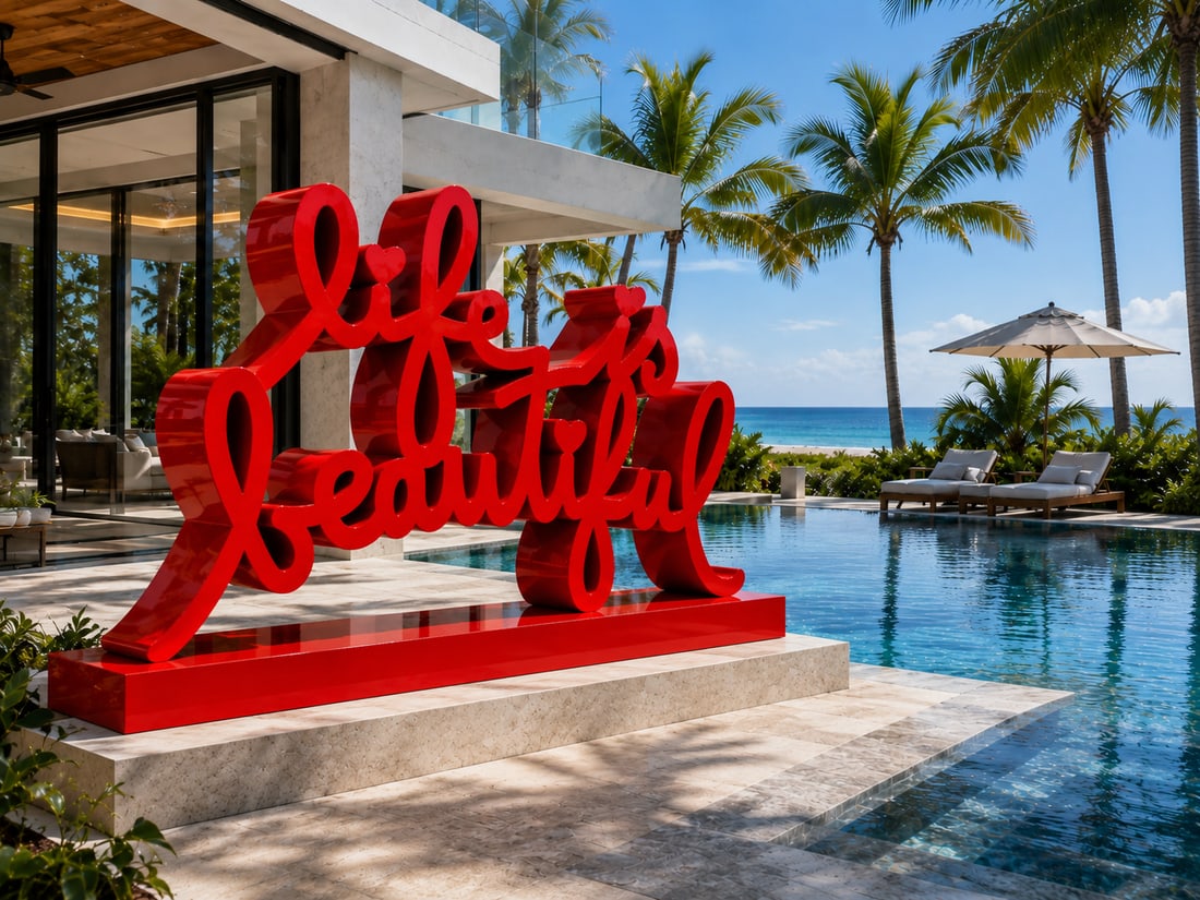 Life Is Beautiful Red by Mr. Brainwash (French, B.1966) Painted Steel Sculpture: A monumental Pop Art painted steel floor sculpture by French artist Mr. Brainwash titled Life Is Beautiful - Red, dated 2025. Rendered in flowing cursive script with a vibrant red high-gloss finish, t