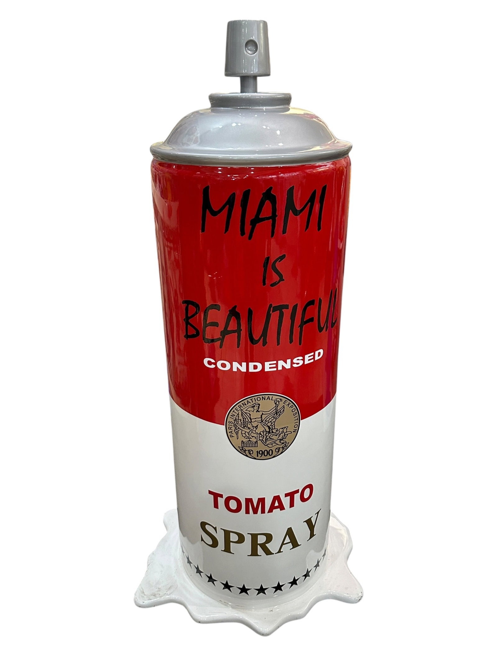 Miami Is Beautiful Spray Can Sculpture by Laura Curiel High-Gloss Resin Sculpture: A monumental Pop Art floor sculpture created by Mexican multimedia artist Laura Curiel, designed as an oversized Campbell's-inspired spray paint can featuring a red and white label inscribed MIAMI
