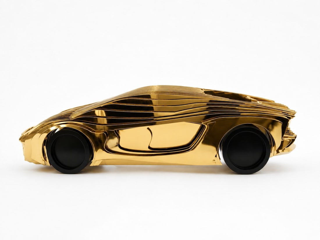 Golden Velocity by OB Stainless Steel Sculpture: A sleek, futuristic Pop Art car sculpture titled Golden Velocity, expertly crafted from laser-cut sliced stainless steel plates with a brilliant mirror-polished gold finish. The dynamic design feature