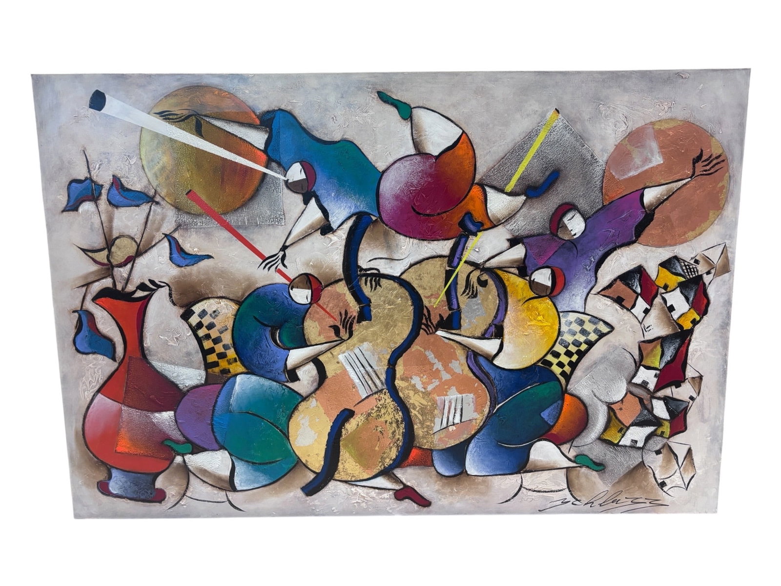 Symphony in Motion by David Schluss (Israel, B.1943) Oil on Canvas: An expressive abstract painting featuring vibrant, fluid forms executed in a rich palette of deep blues, fiery oranges, sunny yellows, and earthy browns. The composition displays dynamic brushwork and