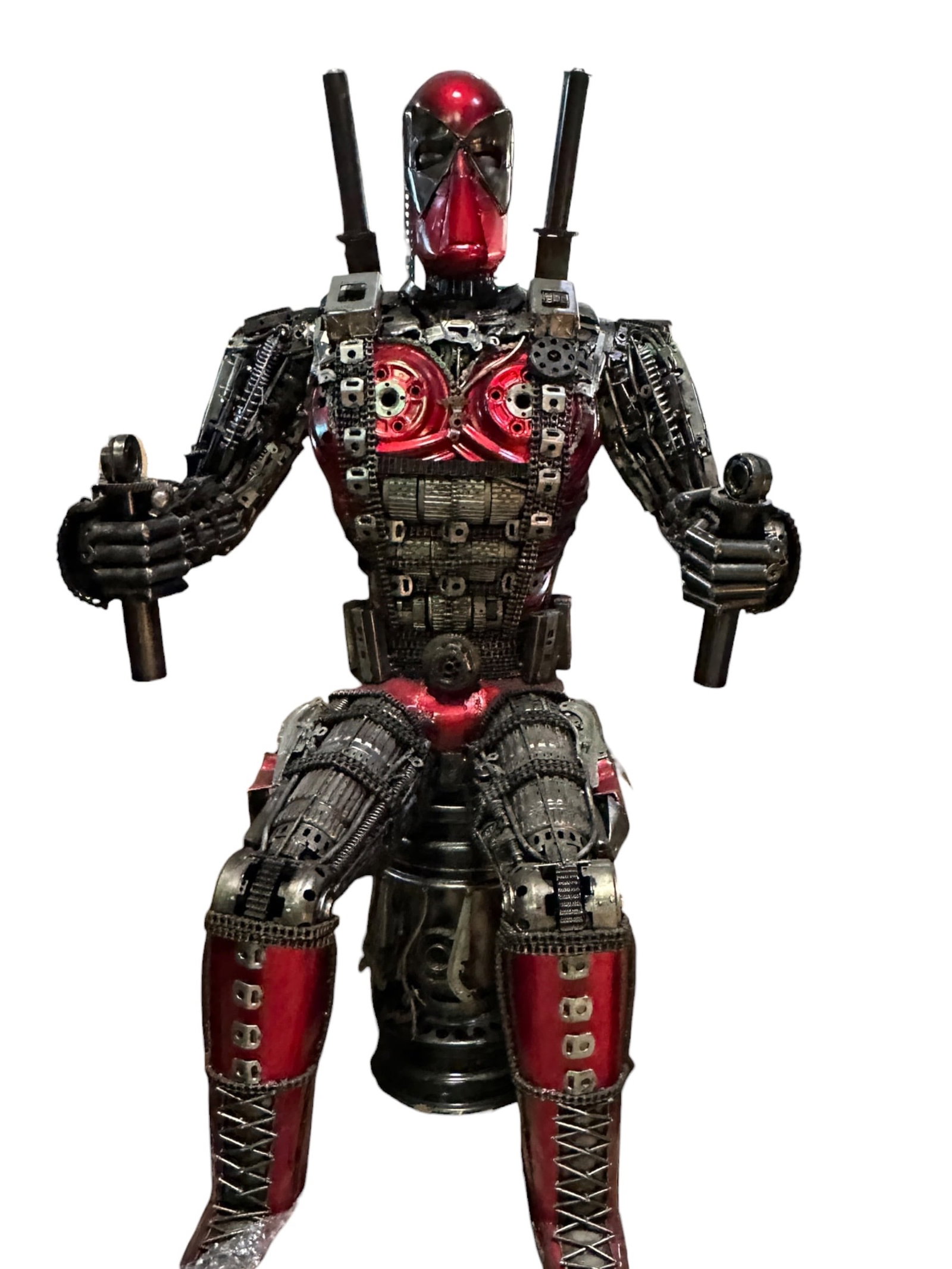 Deadpool Scrap Metal Sculpture by Slava Kromsky (Russian, B.1978): A monumental floor-standing scrap metal sculpture created by Russian contemporary artist and engineer Slava Kromsky. Handcrafted from recycled industrial and mechanical steel parts, auto components, c