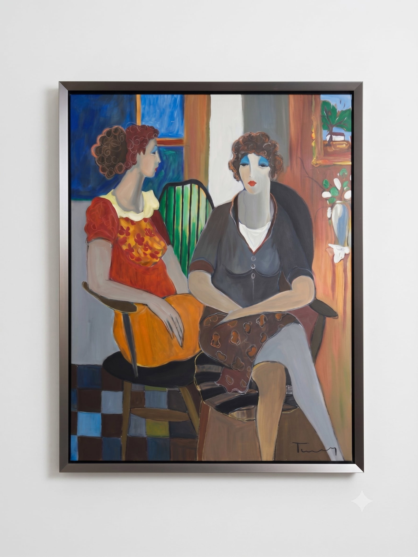 Itzchak Tarkay (Israeli, 1935-2012) Acrylic Painting W/COA: This vibrant acrylic painting on canvas by the late Itzchak Tarkay depicts two elegant women in a café or social setting. True to his signature style, the figures are rendered with graceful, fl