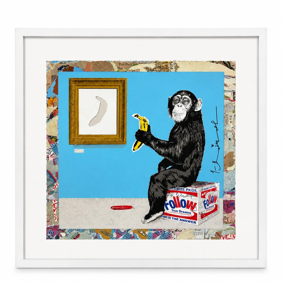 "Everyday Life" by Mr. Brainwash (French, B.1966) Silkscreen and Mixed Media W/COA: This ultra-contemporary street pop art masterpiece bursts with energy, capturing the artist's signature subversive style. The composition features a playful chimpanzee perched atop a vibrant brand
