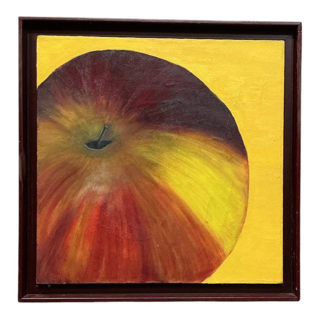 Still Life Apple Painting by Natalia Currego-Nauta Oil on Canvas: A close-up still life oil painting on canvas by artist Natalia Currego-Nauta, created in 2005. The composition features a large red and yellow apple rendered in warm tones, set off-center against a so