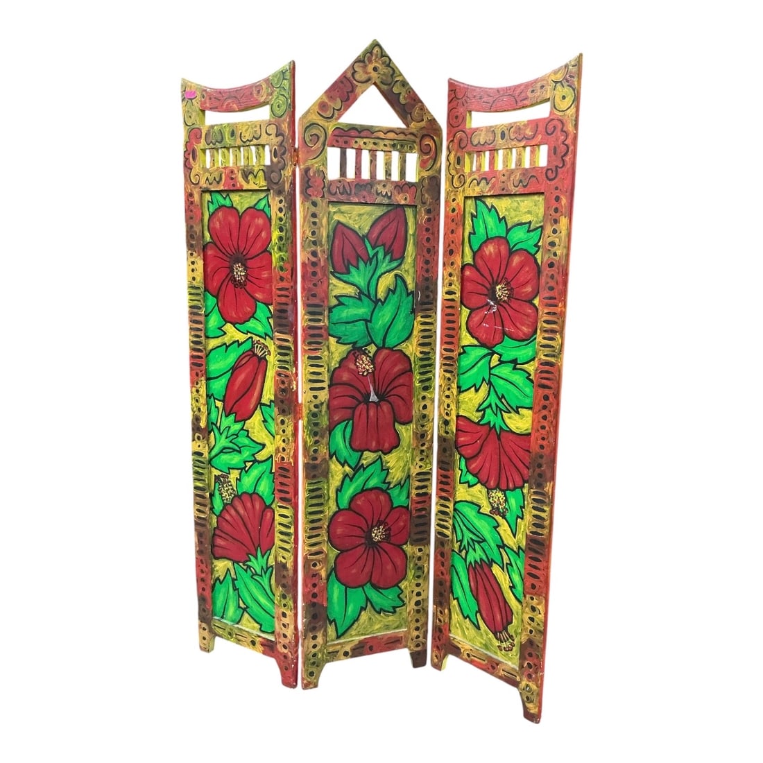 Tropical Floral Three-Panel Hand-Painted Wooden Folding Screen by Fernando Tamborini (1 of 6)