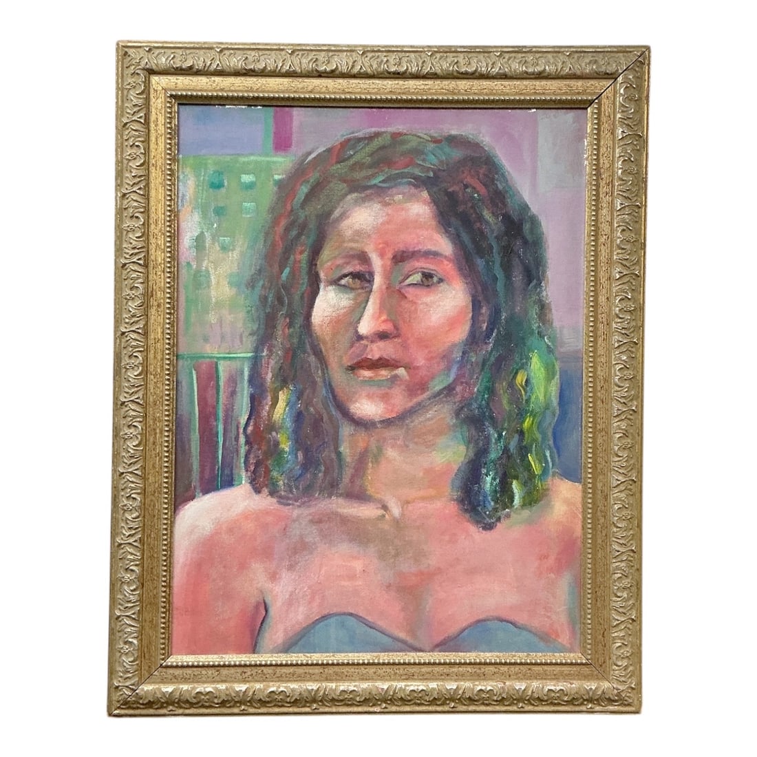 Self Portrait by Aixa Requena (B. 1951 Puerto Rico) Oil on Canvas: Description Original expressive self-portrait by Puerto Rican artist Aixa Requena. The intimate composition depicts the artist with dark shoulder-length hair and s