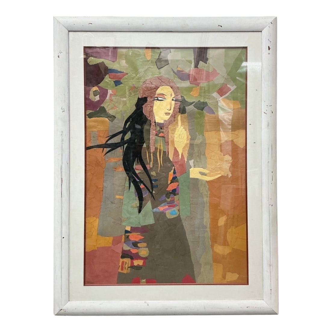 "Stylized Portrait of a Woman" by O. Hika (Puerto Rican) Paper Collage: An original paper collage artwork by Puerto Rican artist O. Hika, depicting a stylized female figure. The composition features a woman with long dark hair, a patterned headscarf, and distinct facial f