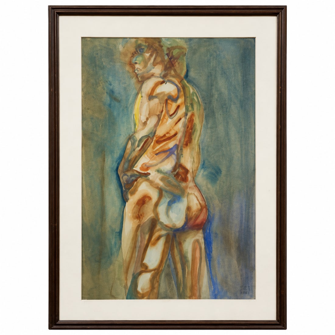 Male Nude Figure Study by Marrero (Puerto Rican) Watercolor on Paper: An original watercolor painting on paper by Puerto Rican artist Marrero depicting a standing male nude figure seen from a three-quarter back view. The expressive, gestural study utilizes fluid washes 