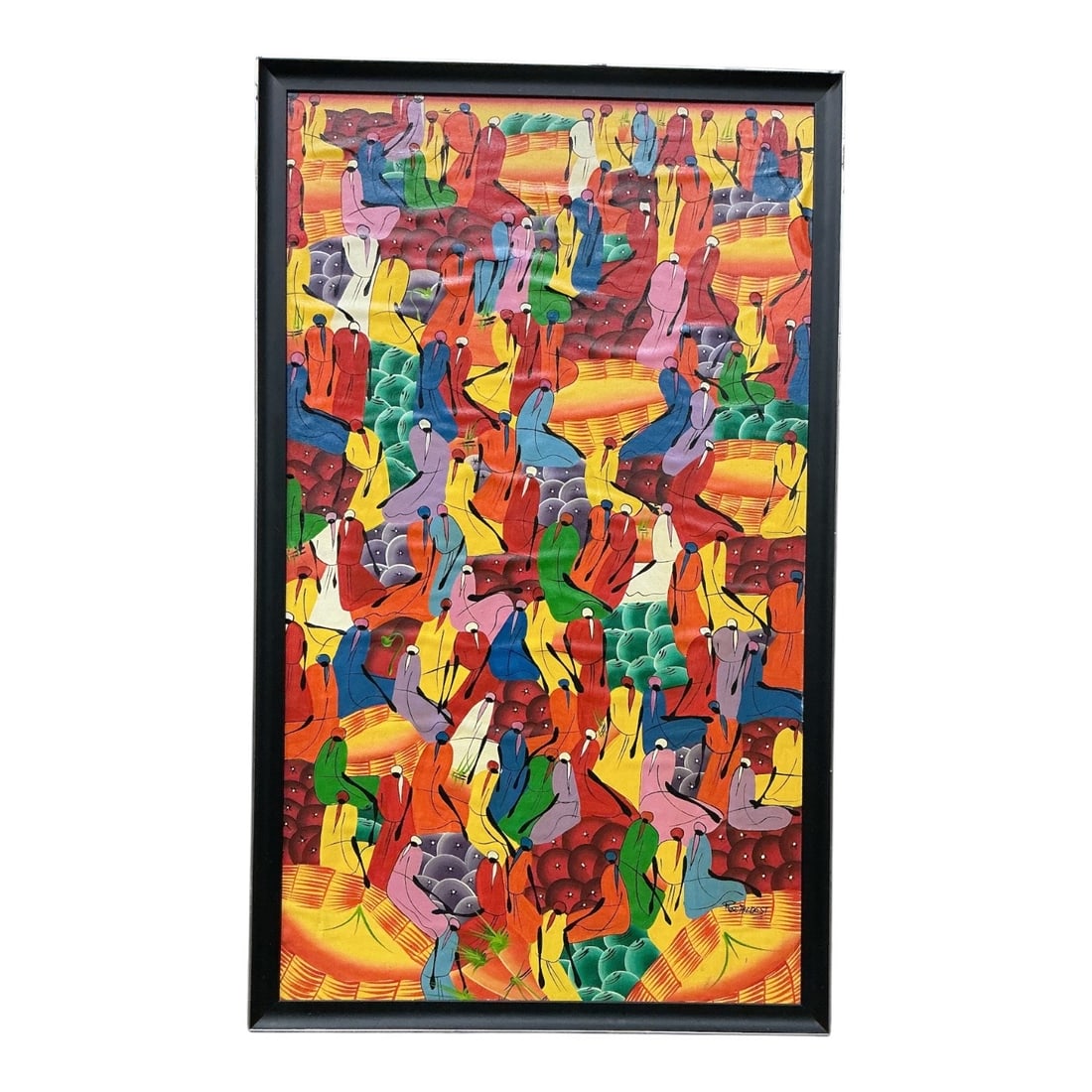 "Haitian Market Scene" by Flose the Best (Haitian) Acrylic on Canvas: An original acrylic on canvas painting by Haitian artist Flose the Best, depicting a bustling, crowded Haitian market scene. Executed in a vibrant, stylized aesthetic with repeating, pattern-like figu