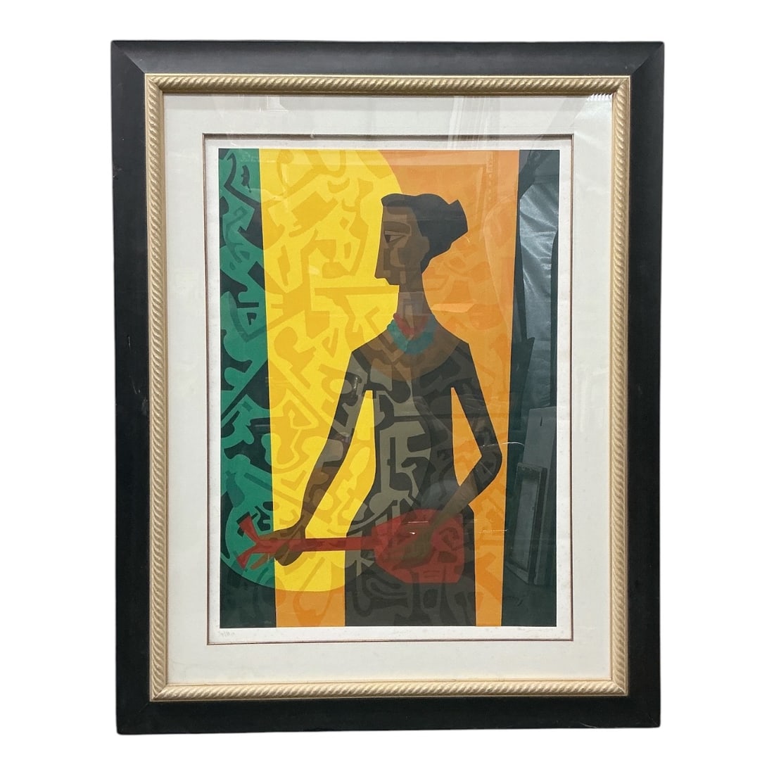 Cundo Bermudez (Cuban, 1914-2008) Serigraph: An original artist's proof serigraph on paper by modern Cuban master Cundo Bermudez, dated 1990. The vibrant, modernist composition depicts a stylized female figure playing a guitar set against a 