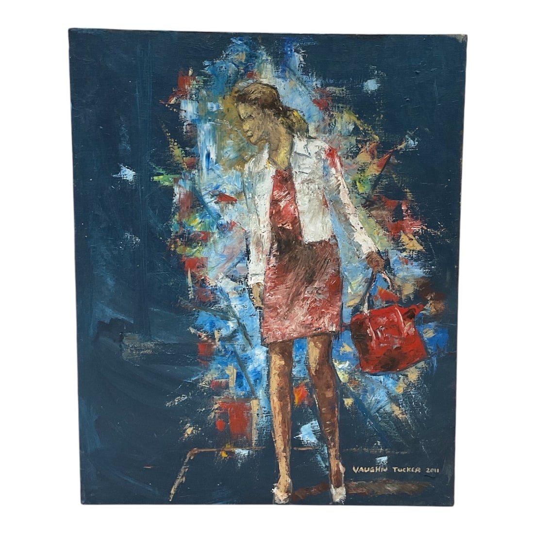 Vaughn Tucker Miss Independence, 2011: Original painting titled Miss Independence by Vaughn Tucker, dated 2011. The composition depicts a fashionable female figure carrying a vivid red handbag, rendered against a deep blue abstract backgro