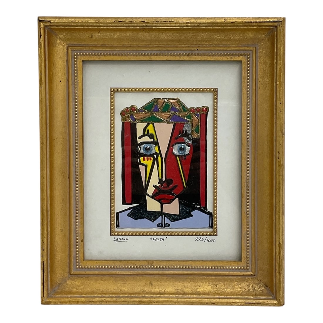 Elyahou Lallouz Faith Limited Edition Mixed Media on Paper, 226/1000: Limited edition mixed media on paper titled Faith by artist Elyahou Lallouz. The colorful composition features a stylized abstract face rendered with bold geometric forms, expressive blue eyes, and vi