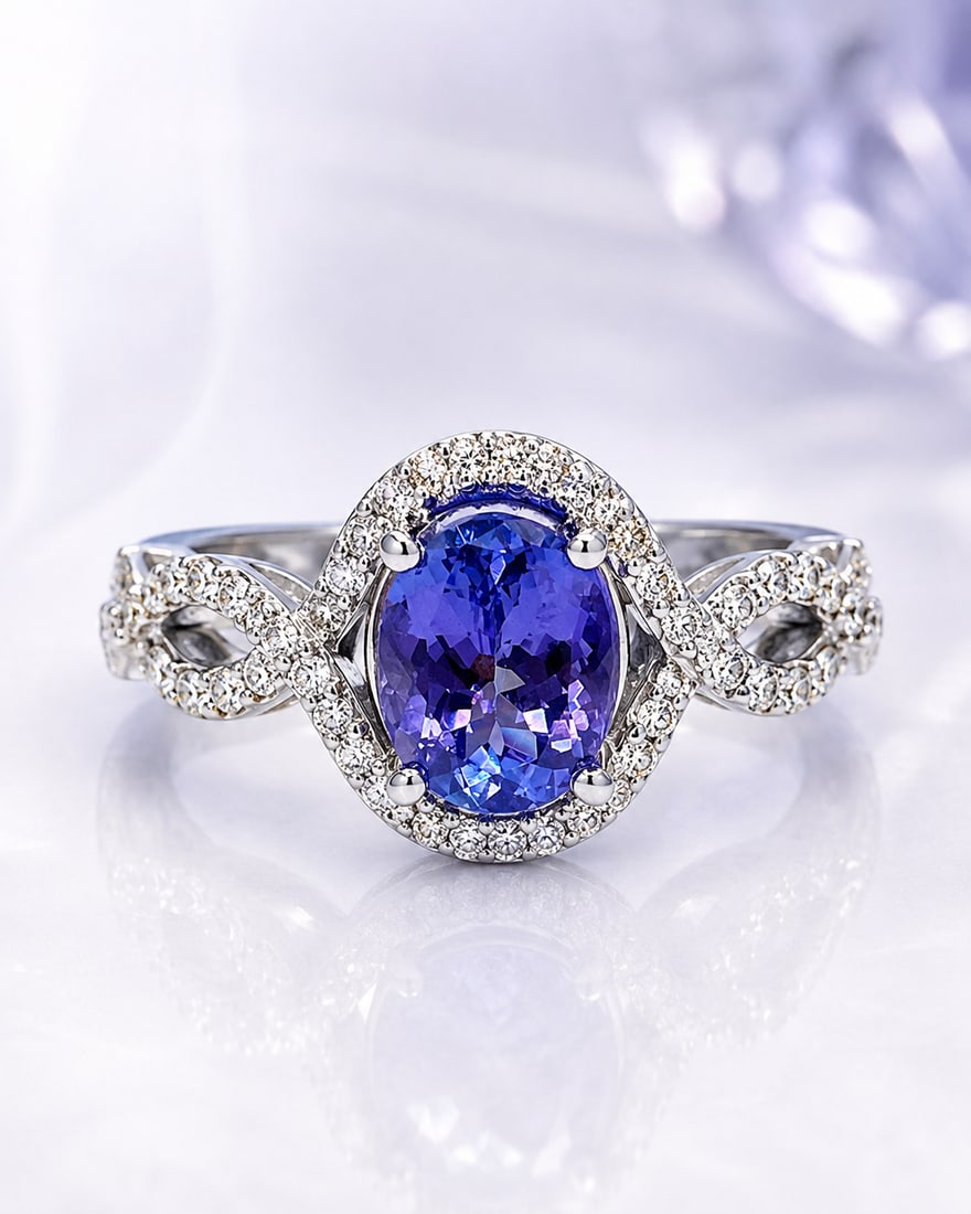 14K White Gold Tanzanite & Diamond Ring with AIGL Appraisal: Elegant 14K white gold ring featuring a vivid oval-cut tanzanite as the centerpiece, surrounded by a sparkling halo of round brilliant-cut diamonds. The shoulders feature an intricate openwork design 